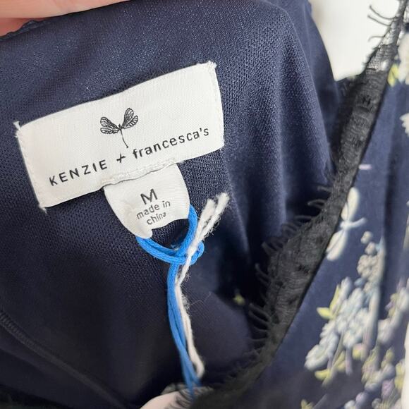 Kenzie Francescas Women Satin Floral Midi Slip Dress Medium Navy Lace Side Slit - Picture 7 of 13